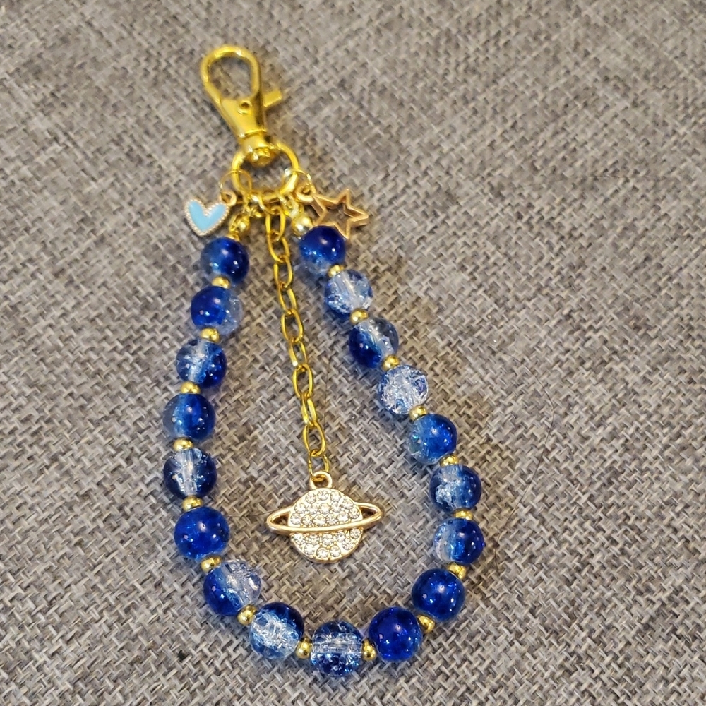 Blue Glass Beaded Bag Charm with Planet Charm
